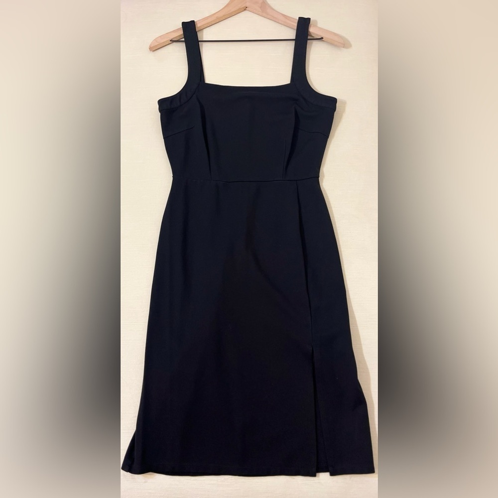 cupcakes and cashmere Black Mini Dress Square Neck Quiet Luxury Minimalist LBD